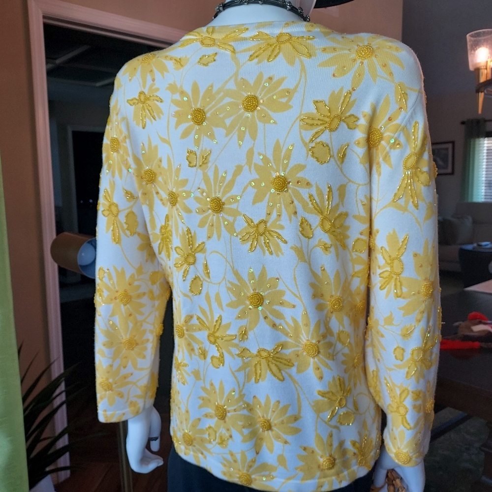 Beaded & Embroidered Yellow Flowered Cardigan Sweater By Just B. Sz. L. - Picture 3 of 13